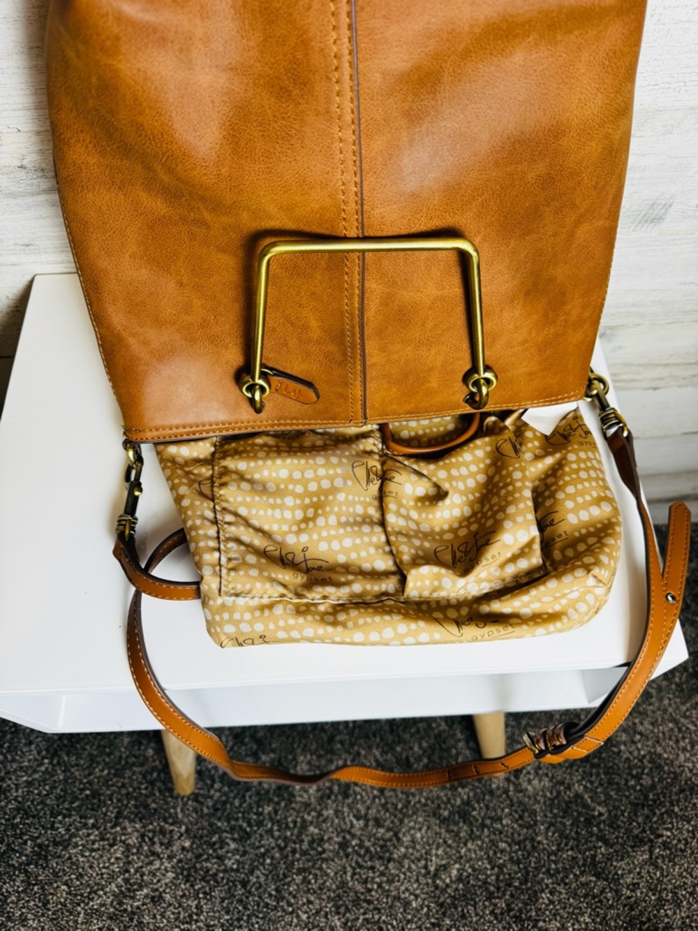 Elle Jae Gypset Brown Faux Leather Tote w/ Gold Bar Handles with Crossbody Strap - Picture 14 of 15